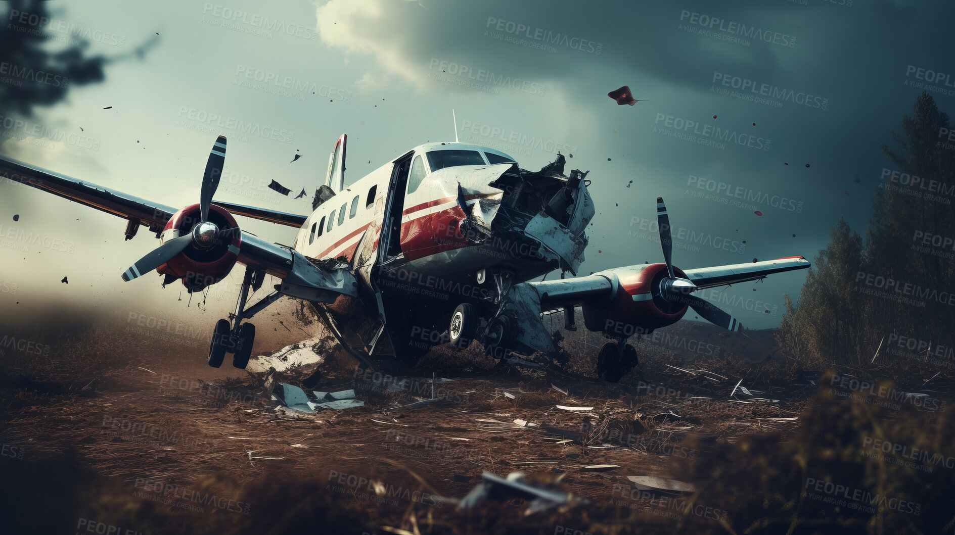 Buy stock photo Dramatic plane crash. Airplane emergency accident concept.