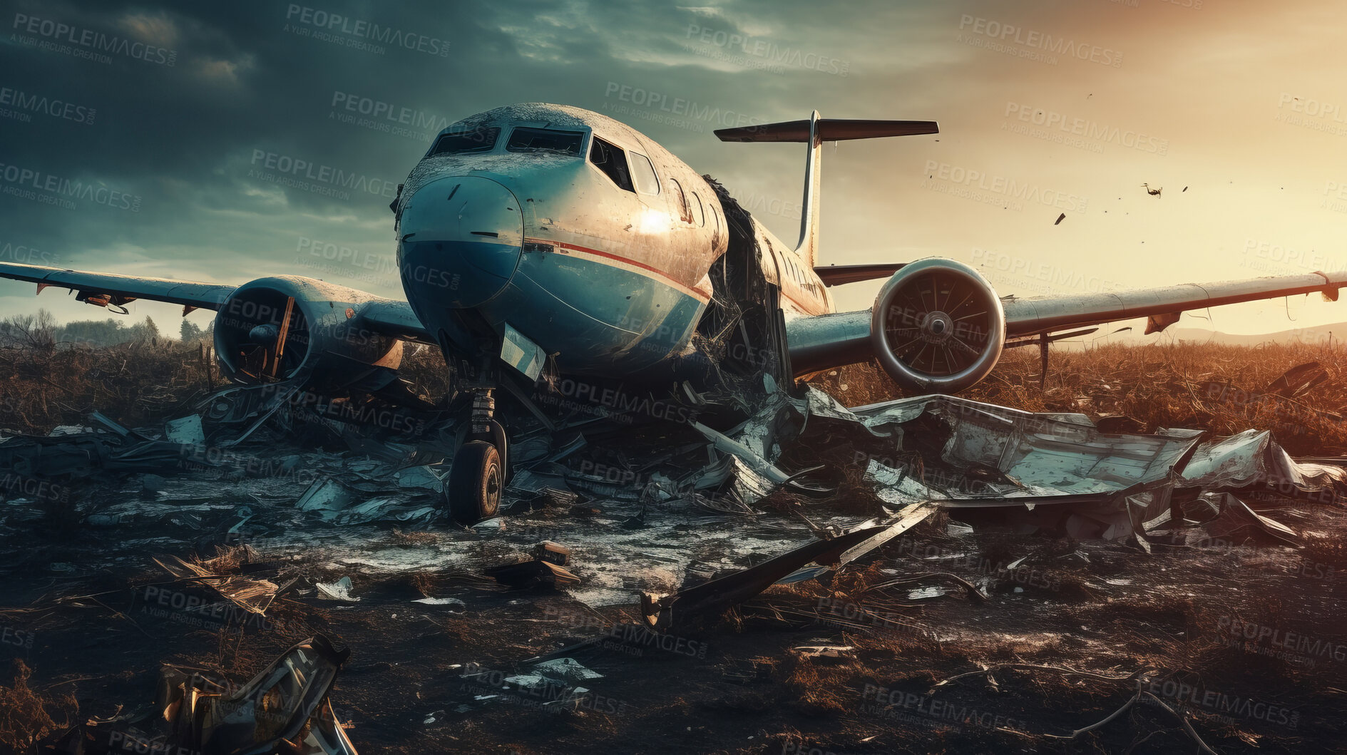 Buy stock photo Dramatic plane crash. Airplane emergency accident concept.