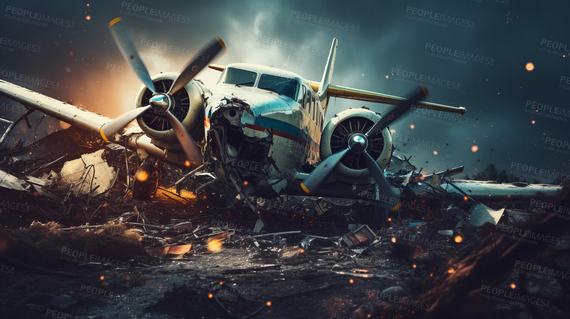 Buy stock photo Dramatic plane crash. Airplane emergency accident concept.