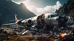 Dramatic plane crash on mountain. Airplane emergency accident concept.