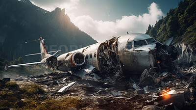 Dramatic plane crash on mountain. Airplane emergency accident concept.