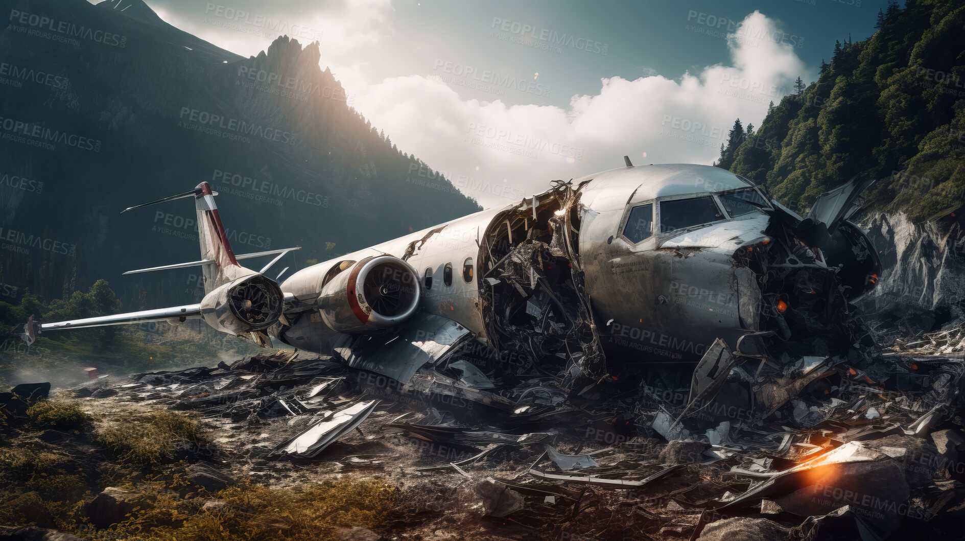 Buy stock photo Dramatic plane crash on mountain. Airplane emergency accident concept.