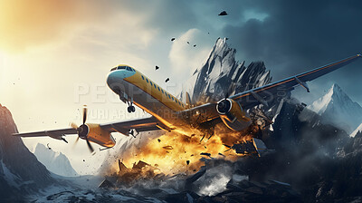 Dramatic plane crash on mountain. Airplane emergency accident concept.