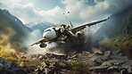 Dramatic plane crash on mountain. Airplane emergency accident concept.