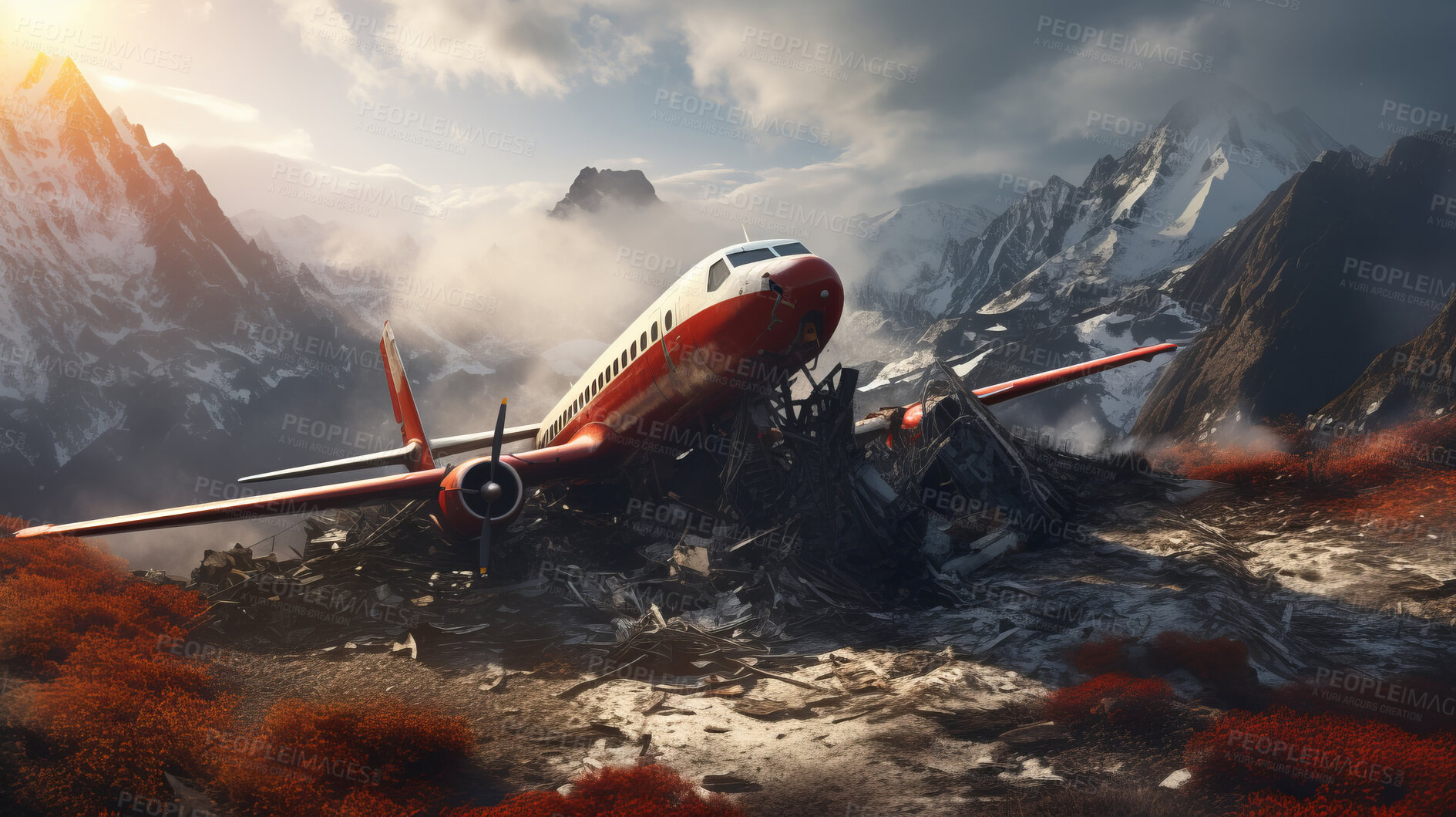 Buy stock photo Dramatic plane crash on mountain. Airplane emergency accident concept.