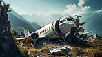 Dramatic plane crash on mountain. Airplane emergency accident concept.