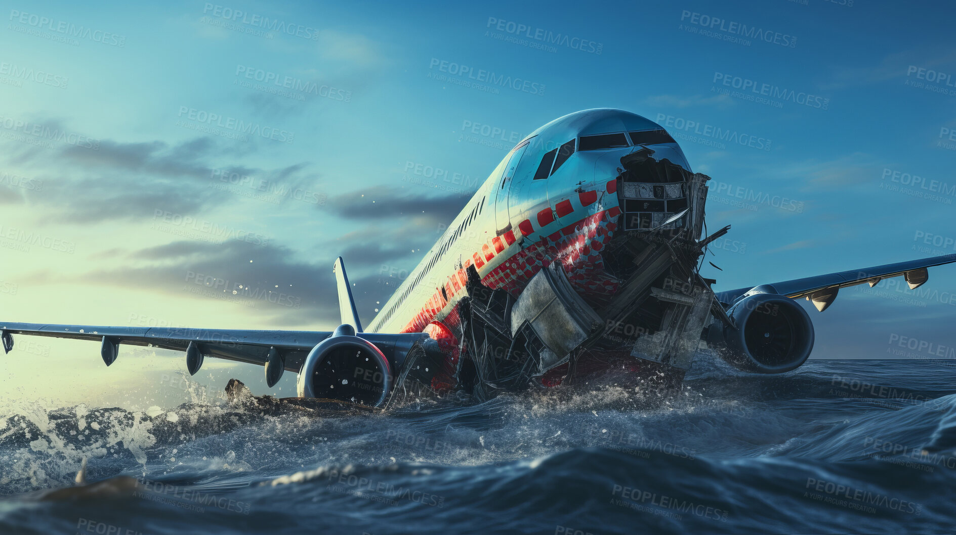 Buy stock photo Dramatic plane crash in water. Airplane emergency accident concept.