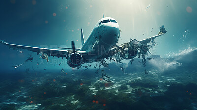 Dramatic plane crash in water. Airplane emergency accident concept.