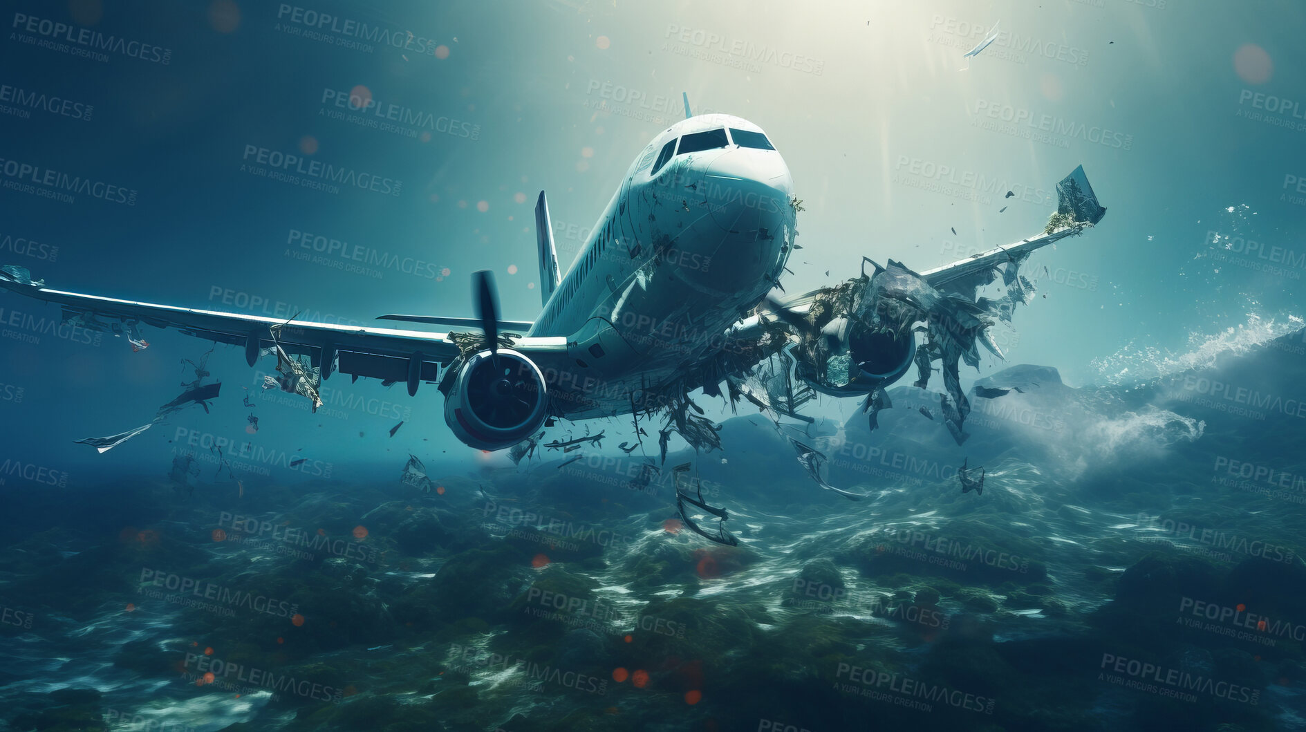 Buy stock photo Dramatic plane crash in water. Airplane emergency accident concept.