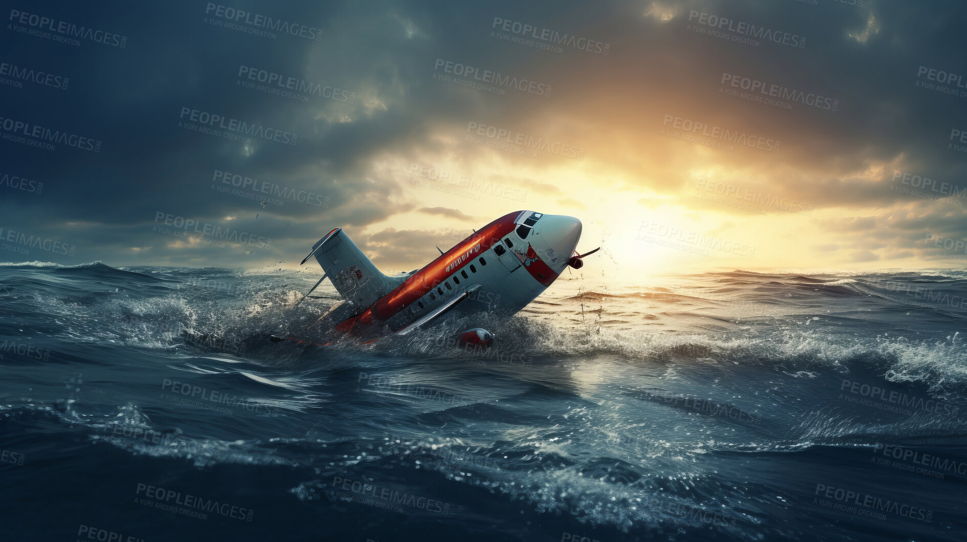 Buy stock photo Dramatic plane crash in water. Airplane emergency accident concept.