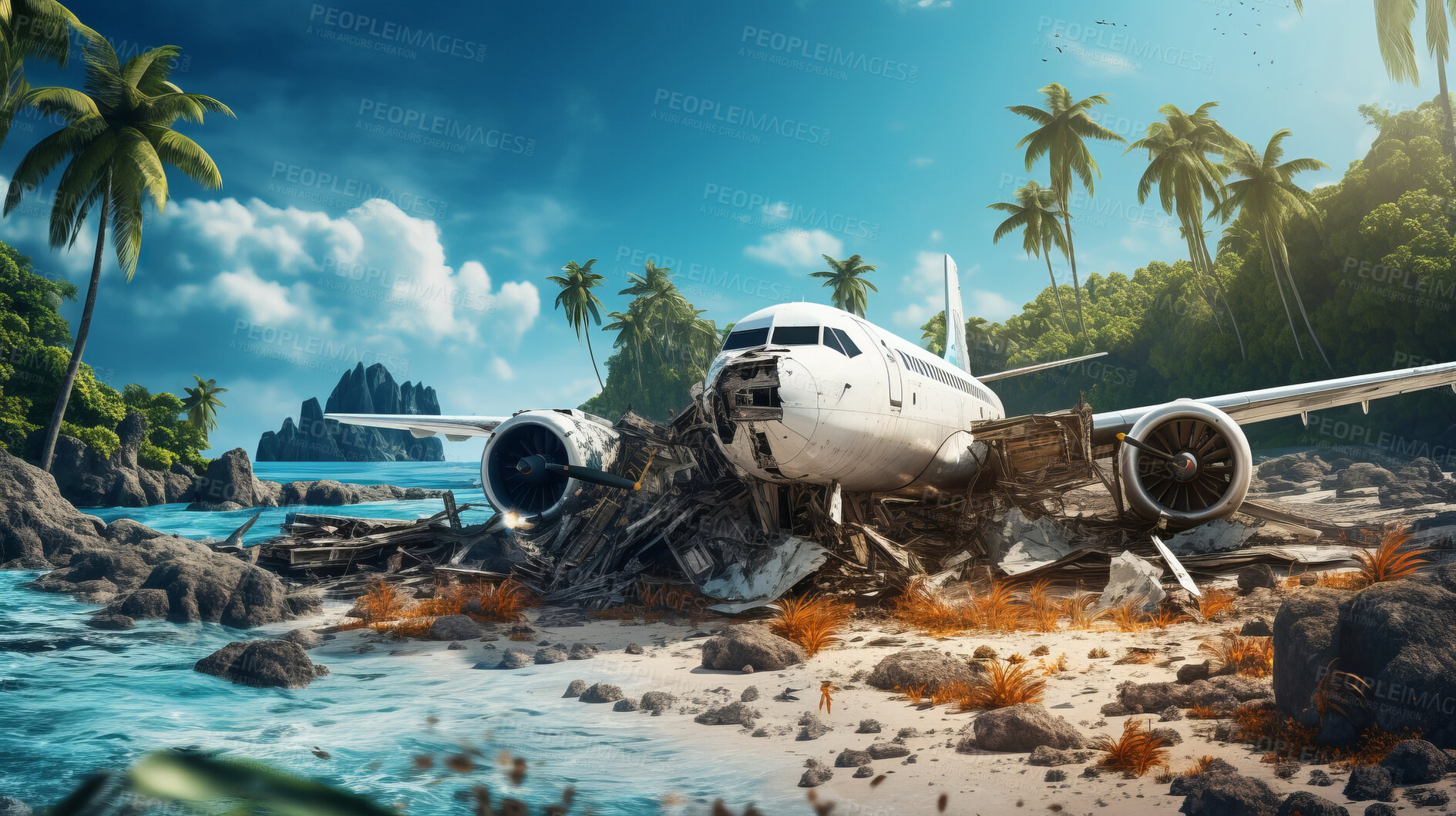 Buy stock photo Dramatic plane crash on an island. Airplane emergency accident concept.