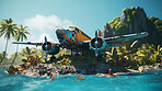 Dramatic plane crash on an island. Airplane emergency accident concept.