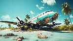 Dramatic plane crash on an island. Airplane emergency accident concept.