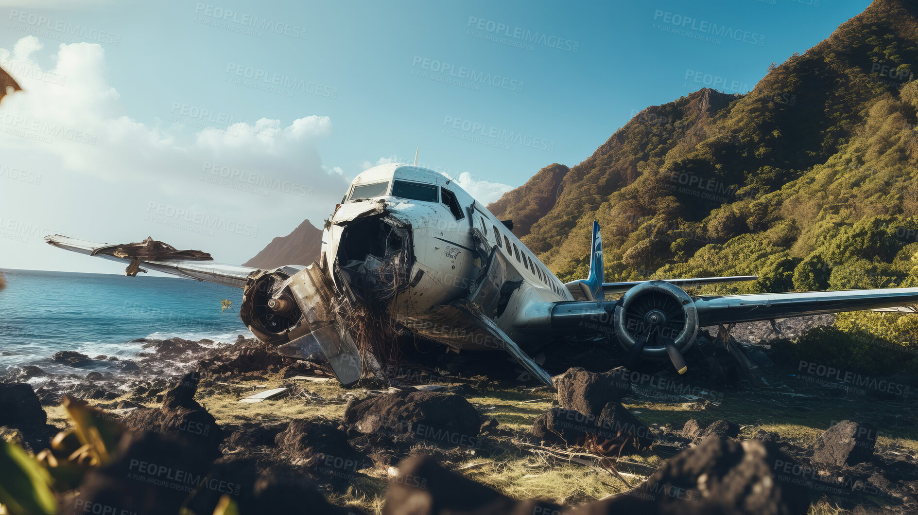 Buy stock photo Dramatic plane crash on an island. Airplane emergency accident concept.