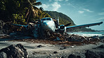 Dramatic plane crash on an island. Airplane emergency accident concept.