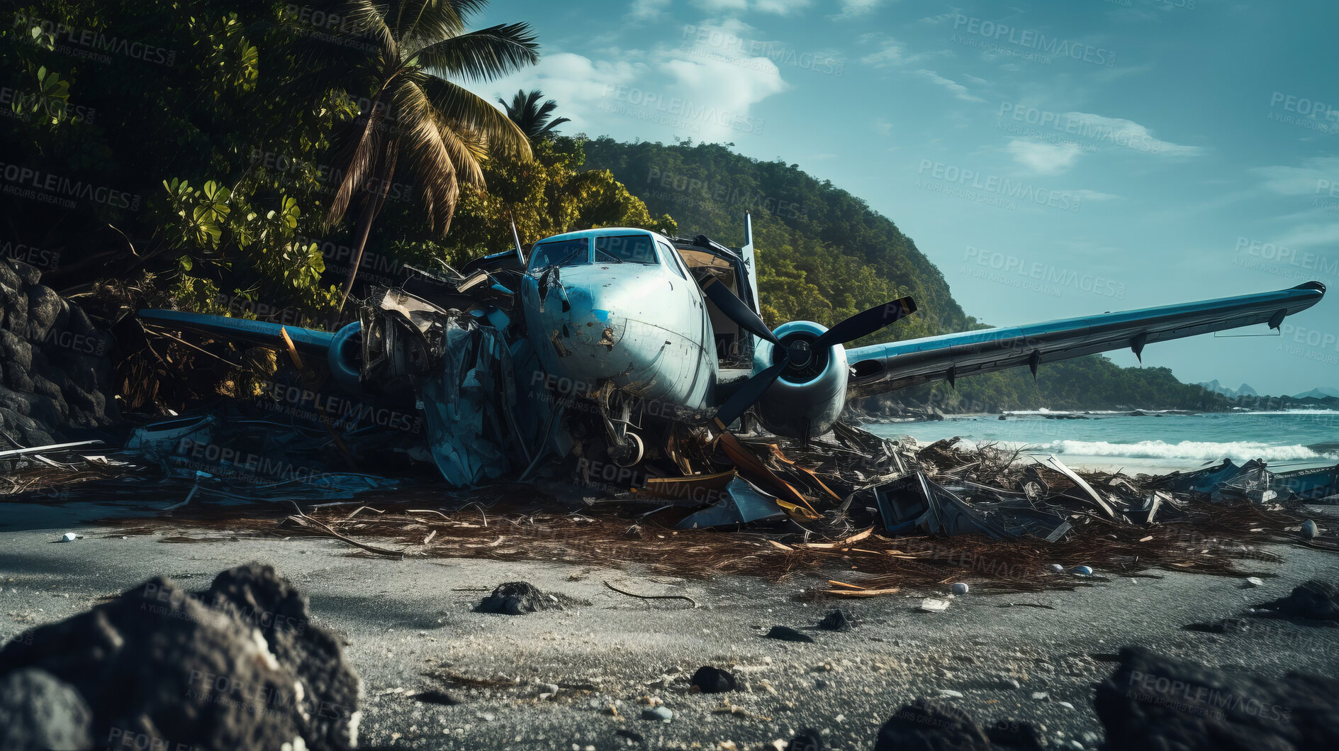 Buy stock photo Dramatic plane crash on an island. Airplane emergency accident concept.