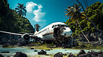 Dramatic plane crash on an island. Airplane emergency accident concept.