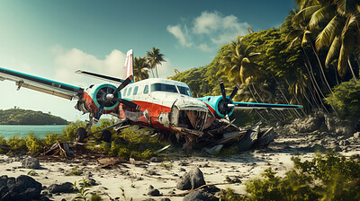Dramatic plane crash on an island. Airplane emergency accident concept.