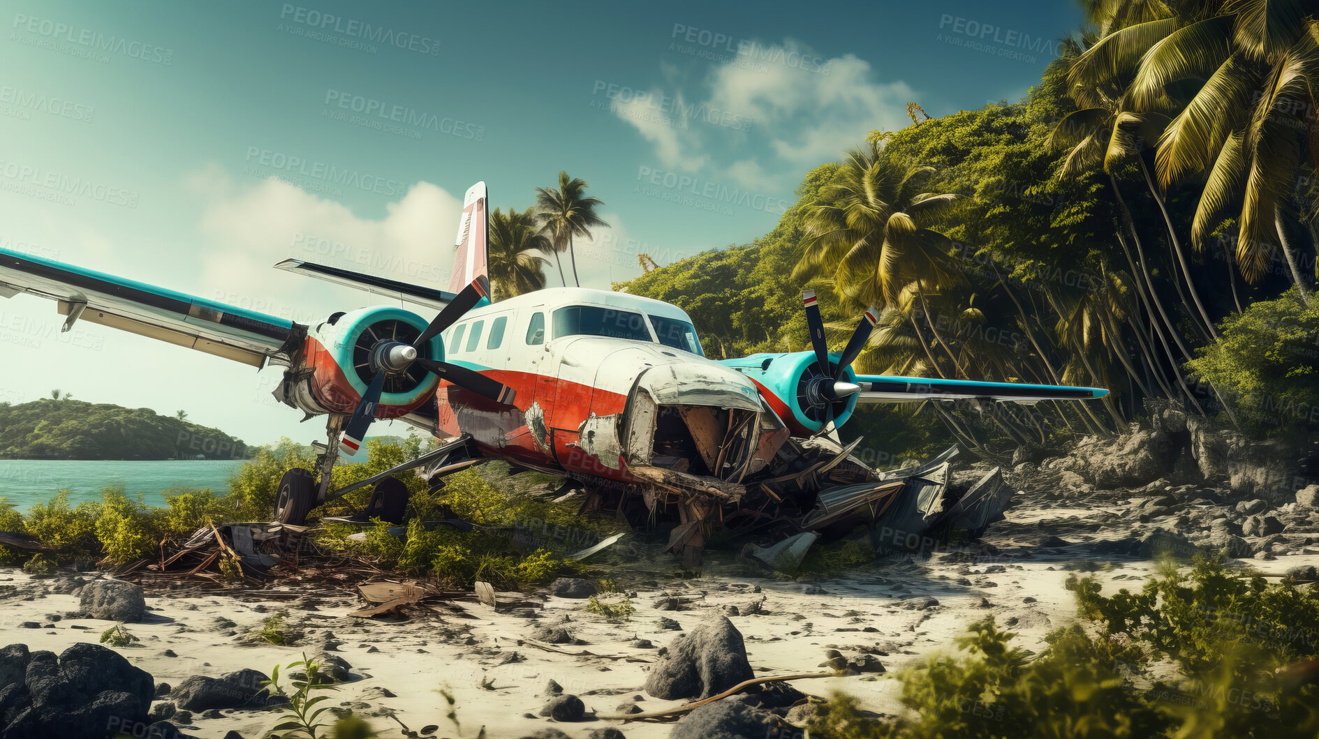 Buy stock photo Dramatic plane crash on an island. Airplane emergency accident concept.