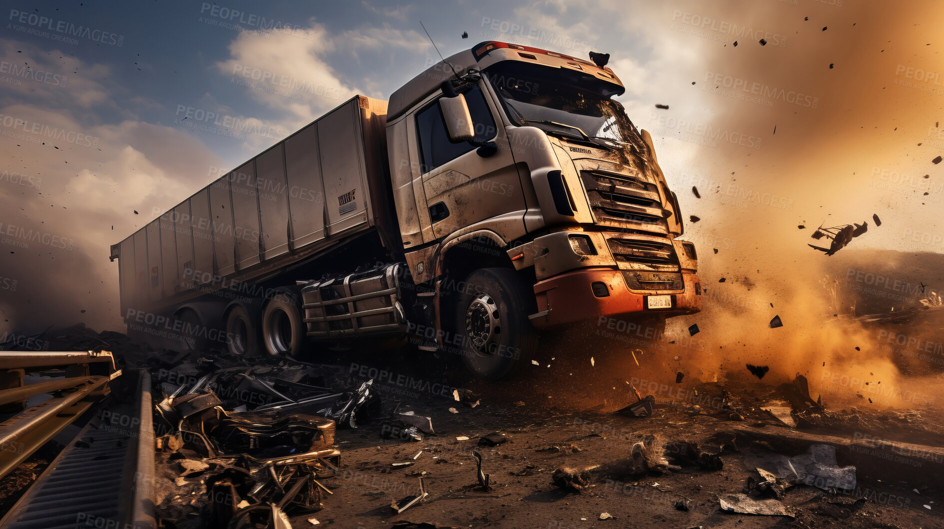 Buy stock photo Truck crash road accident. Emergency insurance transport damage report