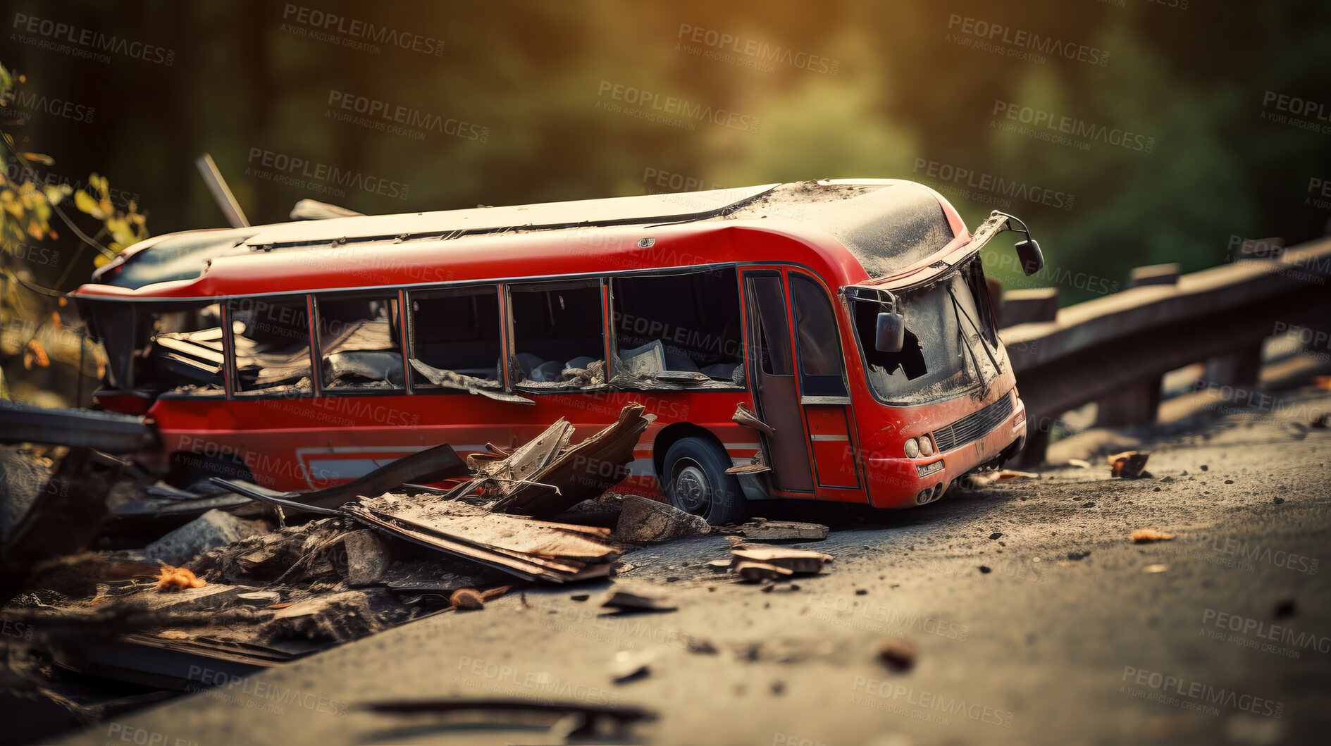 Buy stock photo Bus crash road accident. Emergency insurance transport damage report