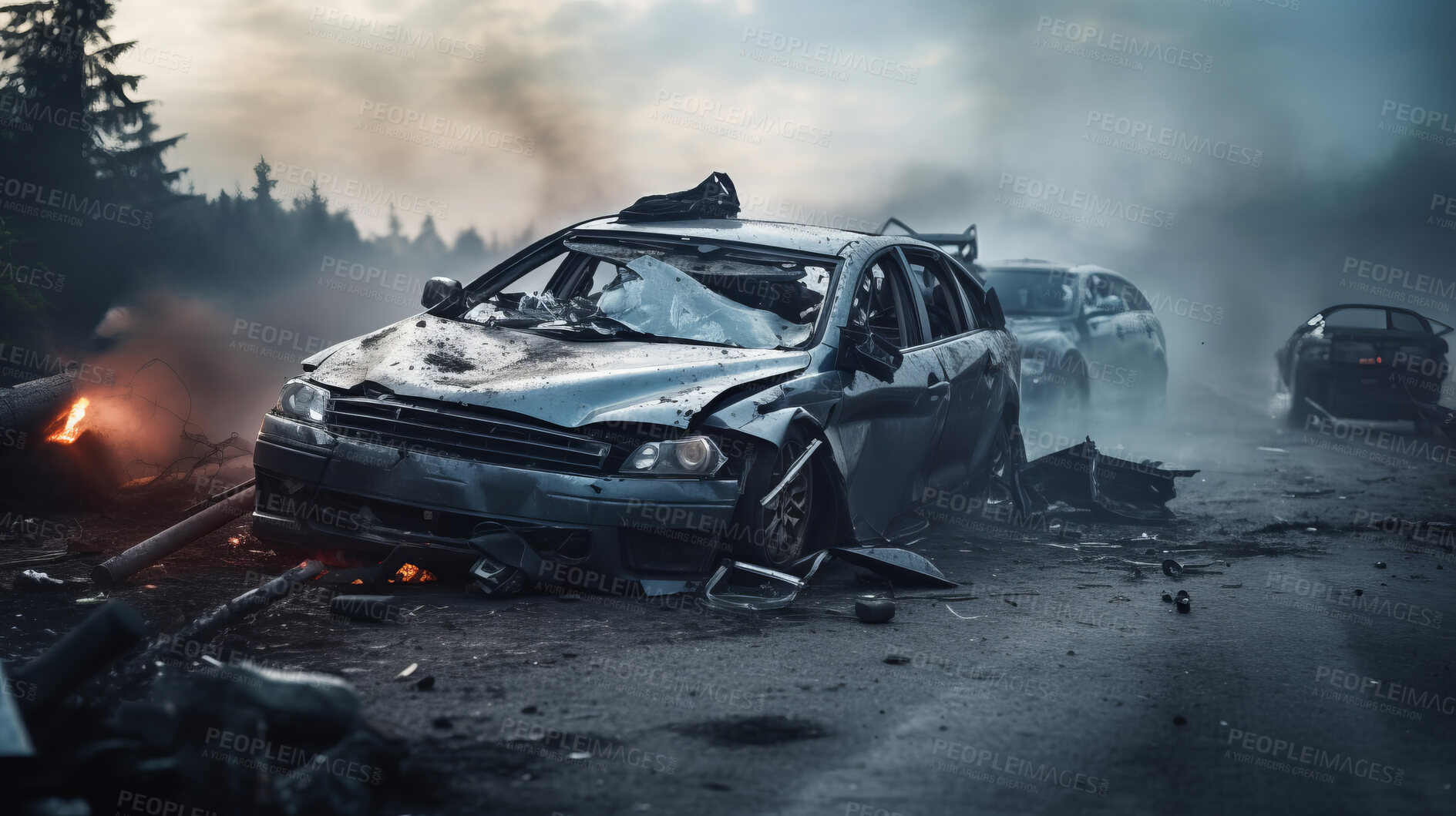 Buy stock photo Car crash road accident. Emergency insurance damage report