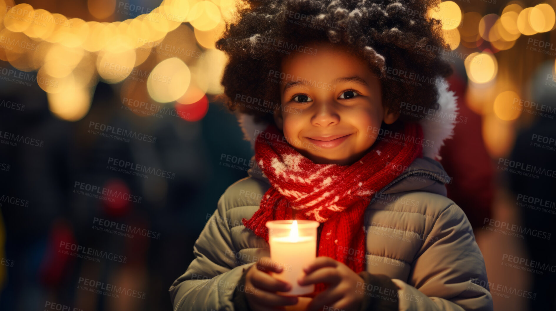 Buy stock photo Toddler at a Christmas market, holding a candle, colorful lights and Christmas Holidays