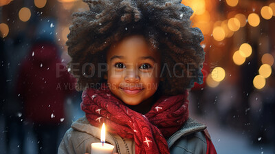 Toddler at a Christmas market, holding a candle, colorful lights and Christmas Holidays