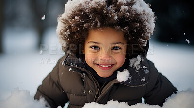 Buy stock photo African American Toddler boy wearing a coat, playing in the winter snow season