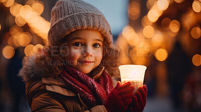 Toddler at a Christmas market, holding a candle, colorful lights and Christmas Holidays