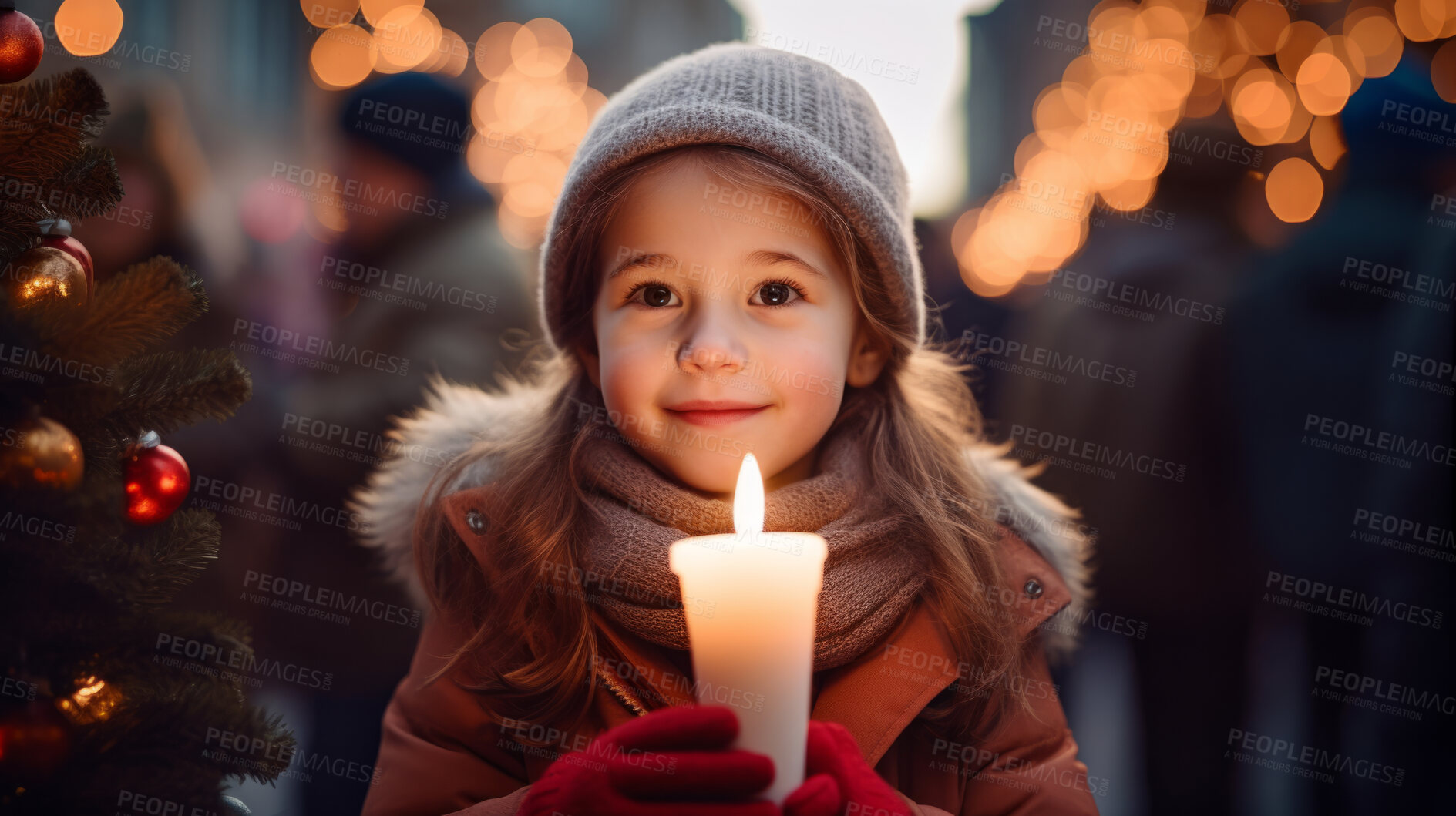 Buy stock photo Toddler at a Christmas market, holding a candle, colorful lights and Christmas Holidays