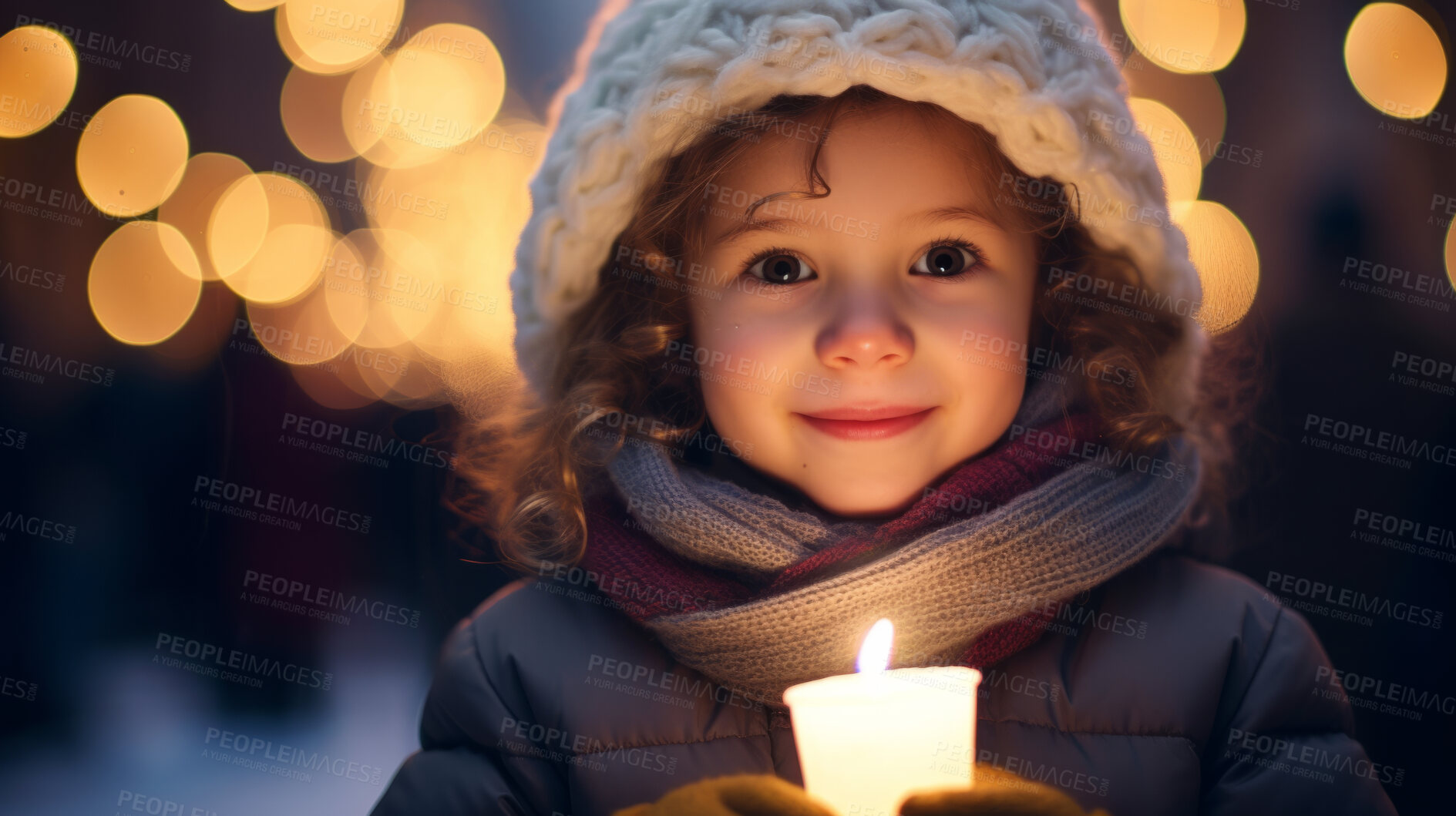 Buy stock photo Toddler at a Christmas market, holding a candle, colorful lights and Christmas Holidays