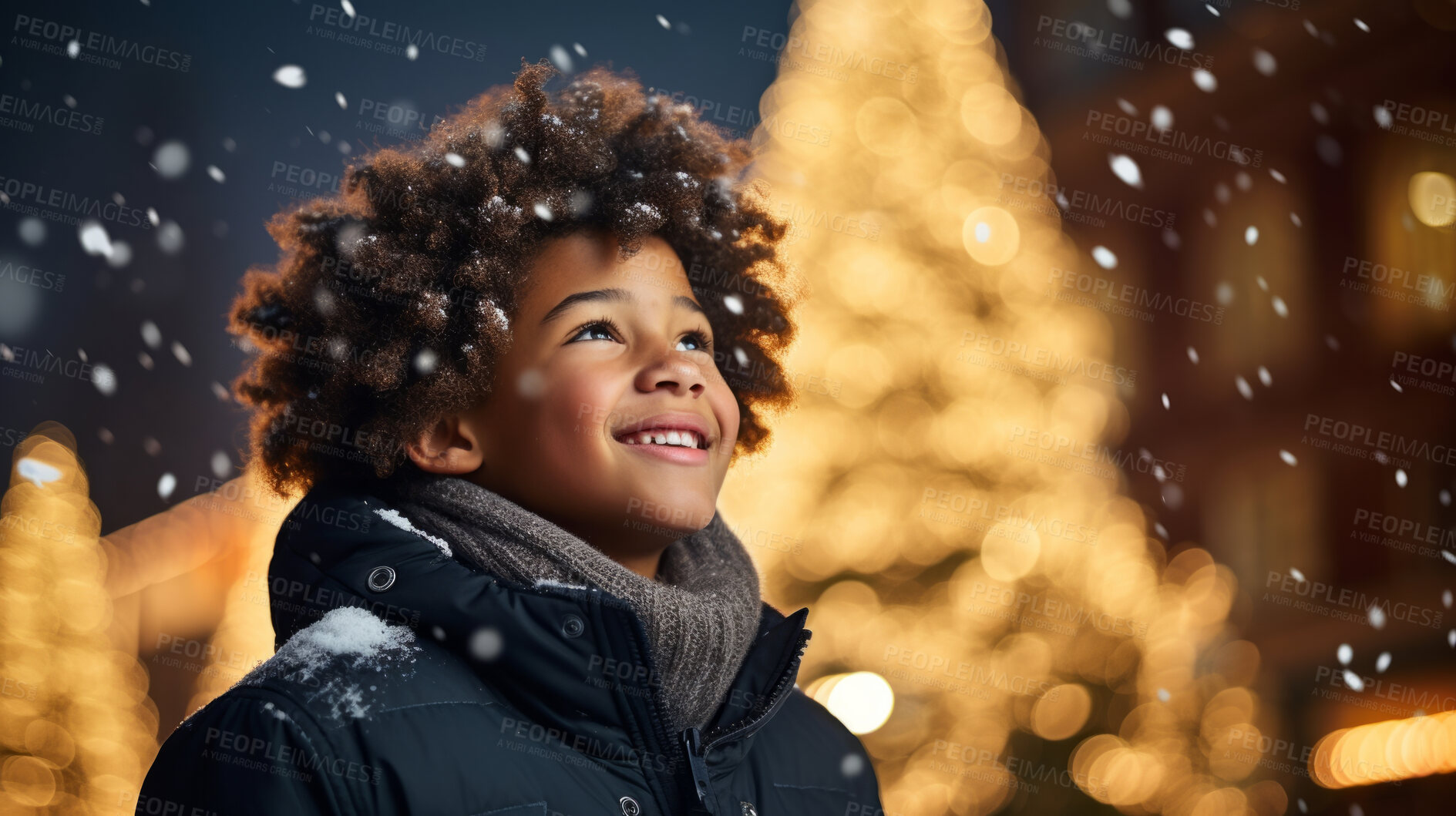Buy stock photo Toddler at a Christmas market, christmas lights, winter snow white Christmas Holidays