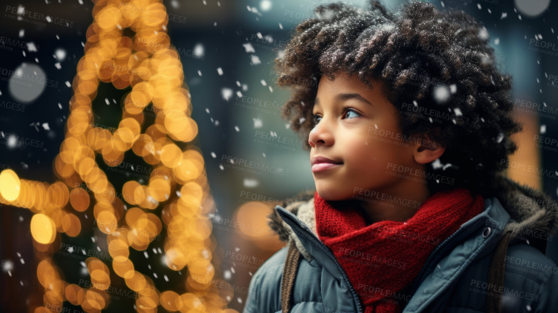 Buy stock photo Teen at a Christmas market, christmas lights, winter snow white Christmas Holidays