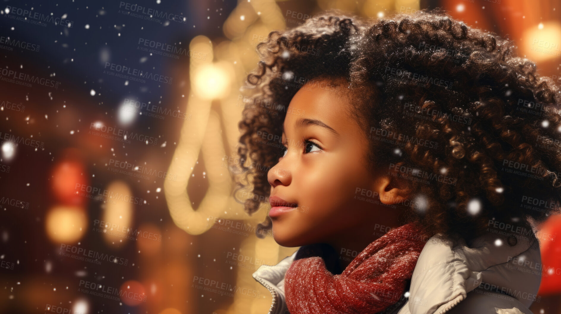 Buy stock photo Toddler at a Christmas market, christmas lights, winter snow white Christmas Holidays