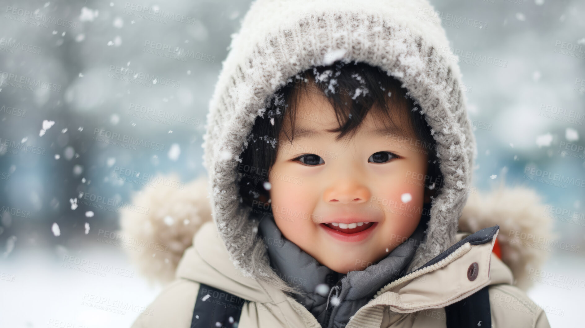 Buy stock photo Portrait of an Asian toddler boy enjoying the winter snow during the Christmas season