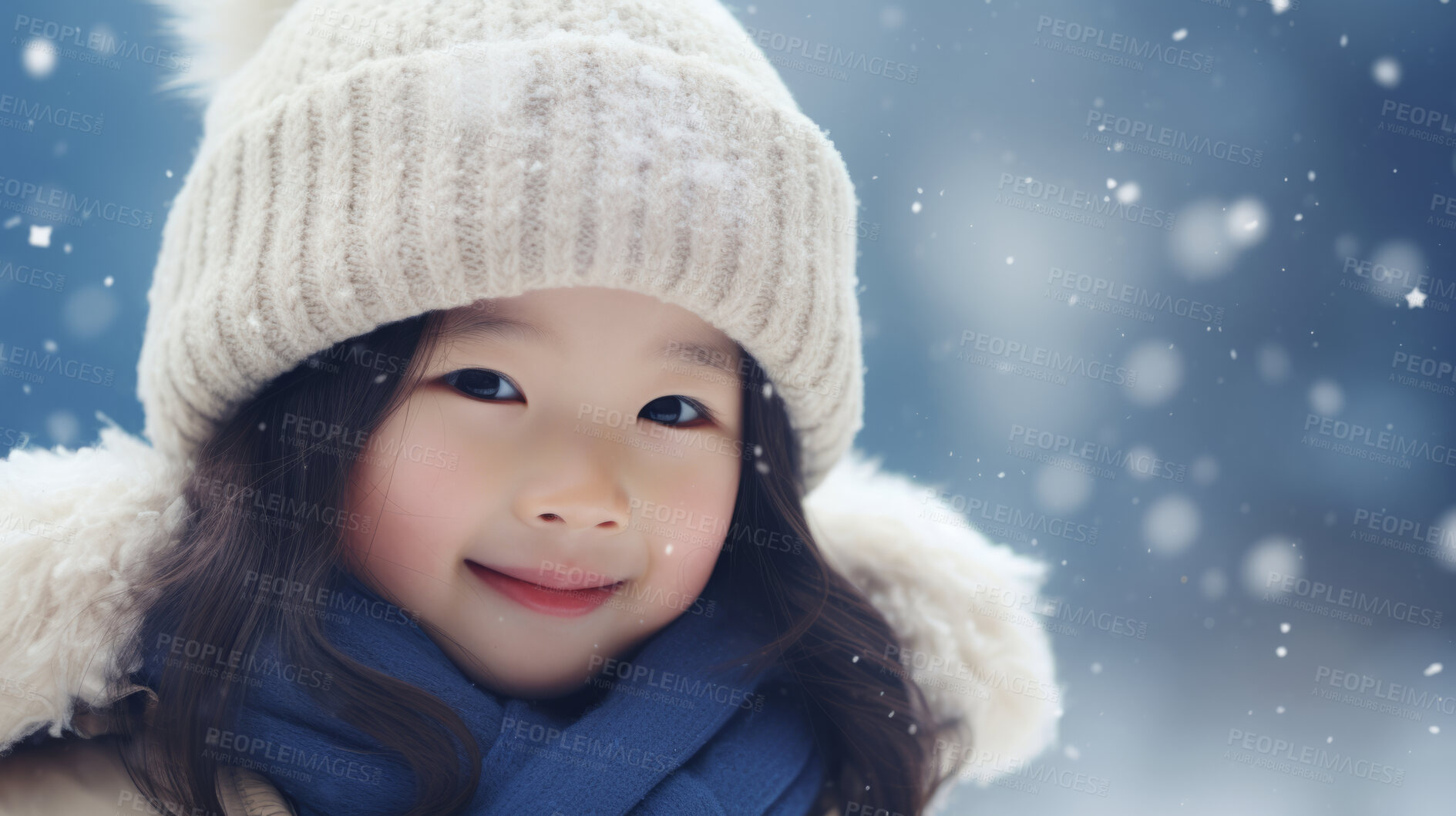 Buy stock photo Portrait of an Asian toddler girl enjoying the winter snow during the Christmas season