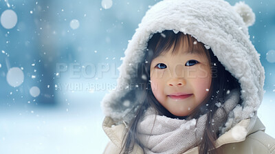 Buy stock photo Portrait of an Asian toddler girl enjoying the winter snow during the Christmas season