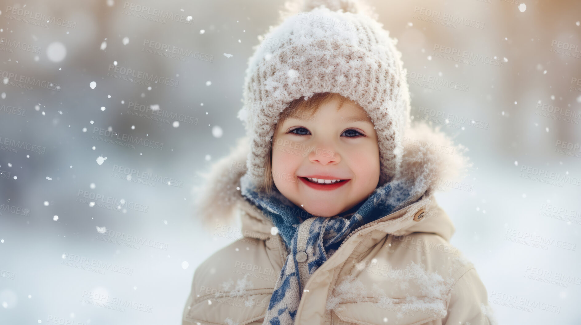 Buy stock photo Toddler boy wearing a coat, playing in the winter snow during the holiday season