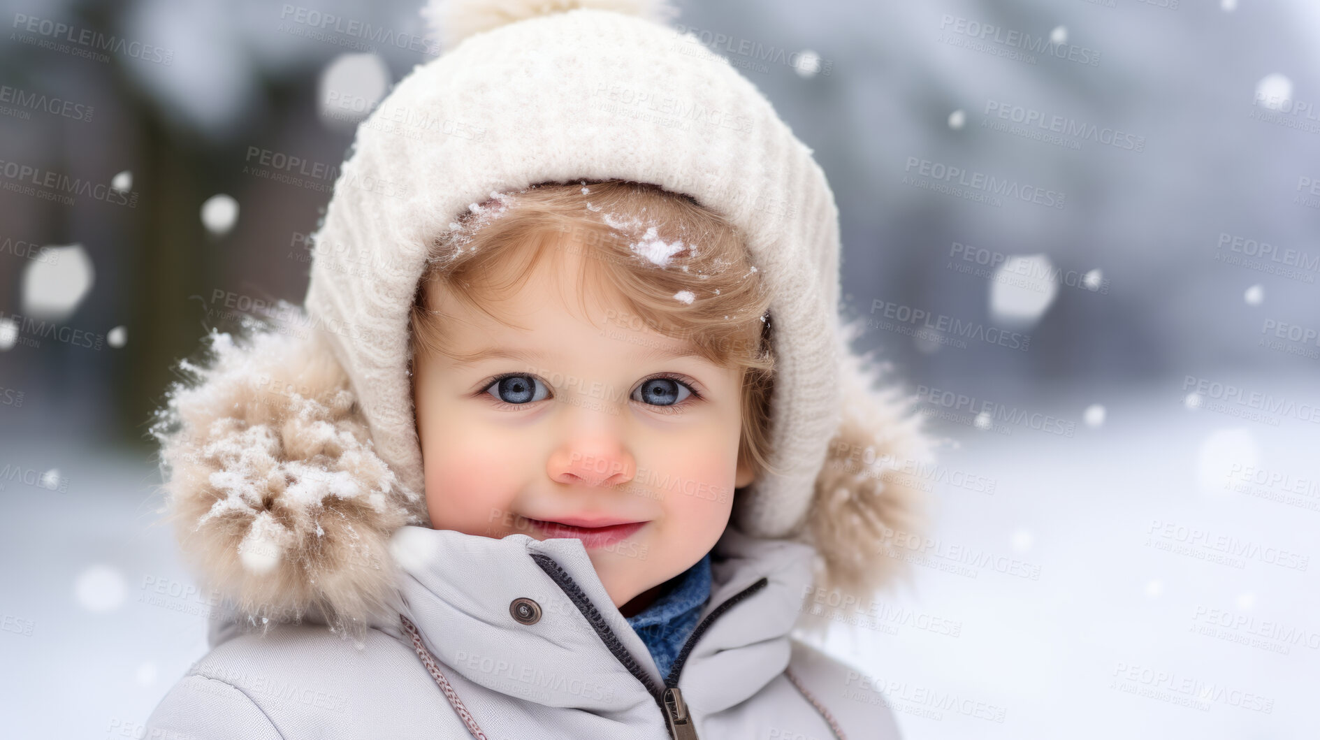 Buy stock photo Toddler boy wearing a coat, playing in the winter snow during the holiday season