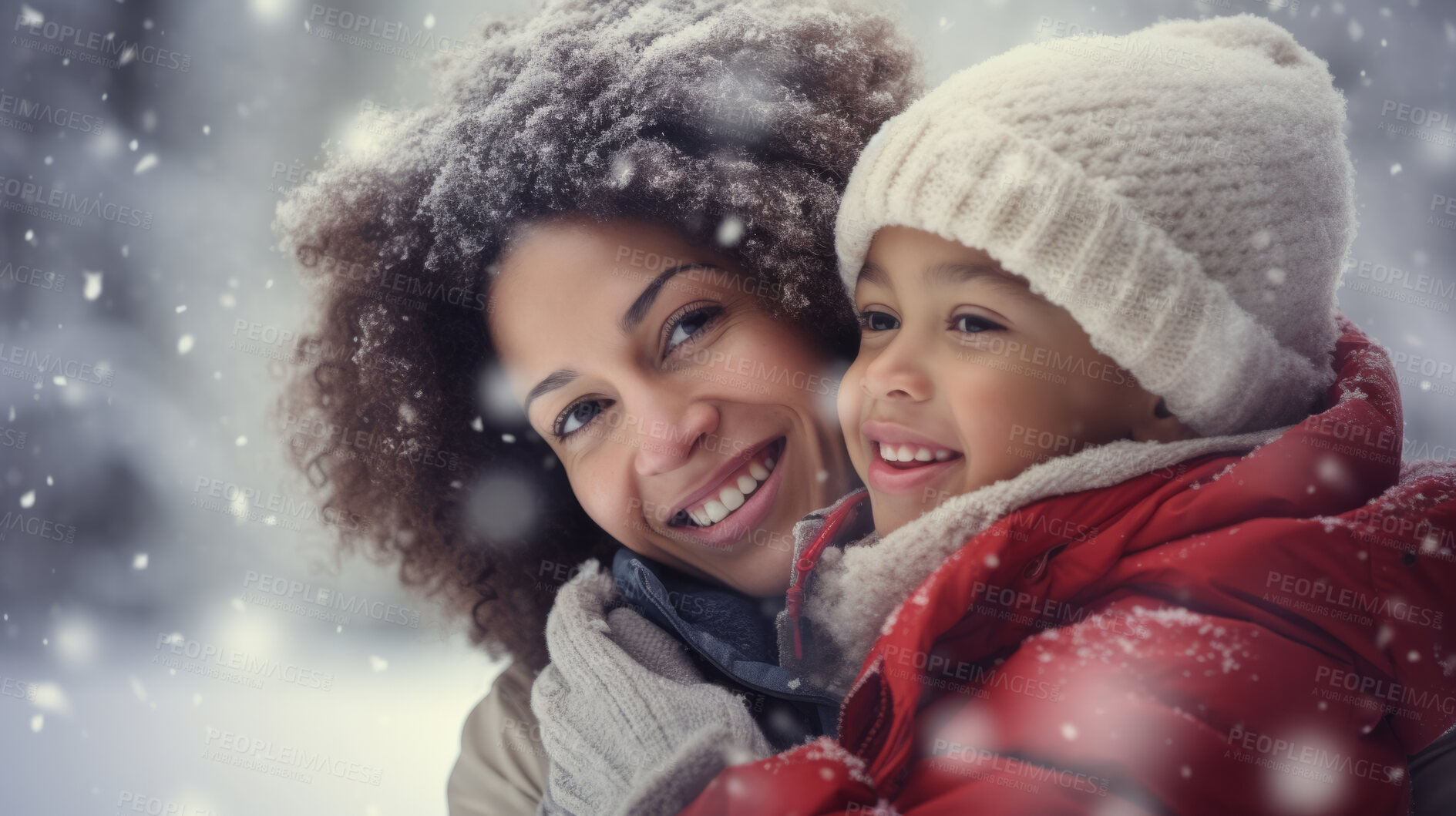 Buy stock photo Portrait of a mother and son family enjoying the winter snow during the Christmas season