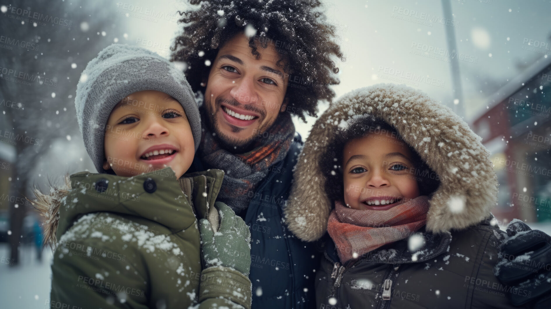 Buy stock photo Portrait of African American family enjoying the winter snow during the Christmas season