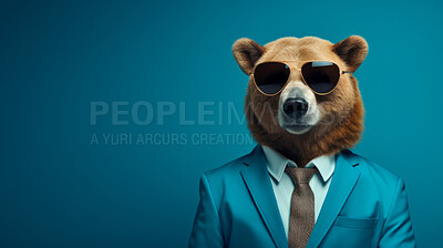 Bear wearing glasses and suit for office style or business against a blue background