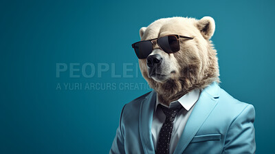 Buy stock photo Bear wearing glasses and suit for office style or business against a blue background