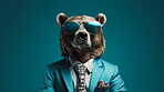 Bear wearing glasses and suit for office style or business against a blue background