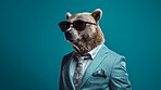 Bear wearing glasses and suit for office style or business against a blue background