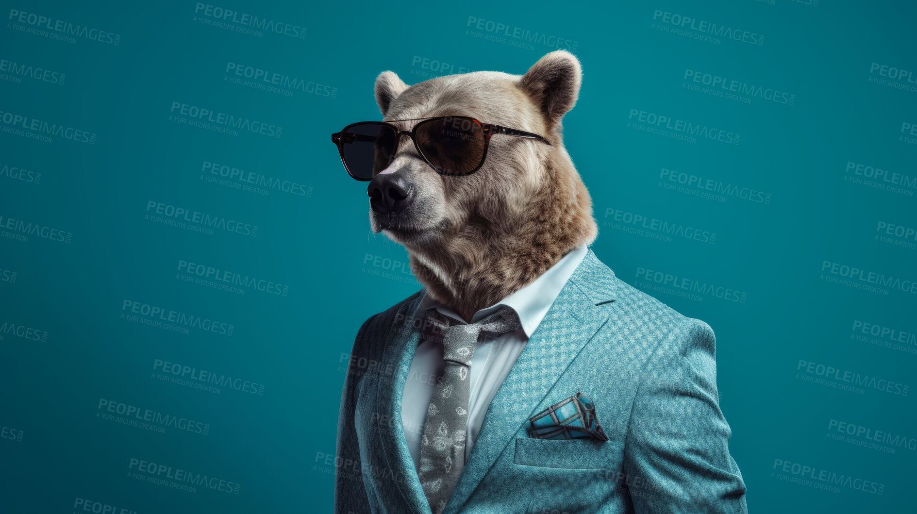 Buy stock photo Bear wearing glasses and suit for office style or business against a blue background