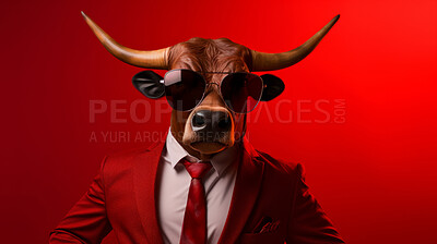 Buy stock photo Bull wearing glasses and suit for office style or business against a red background