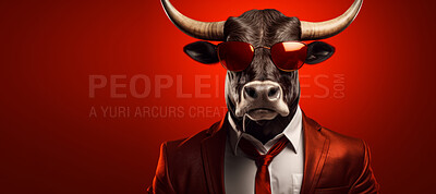 Buy stock photo Bull wearing glasses and suit for office style or business against a red background