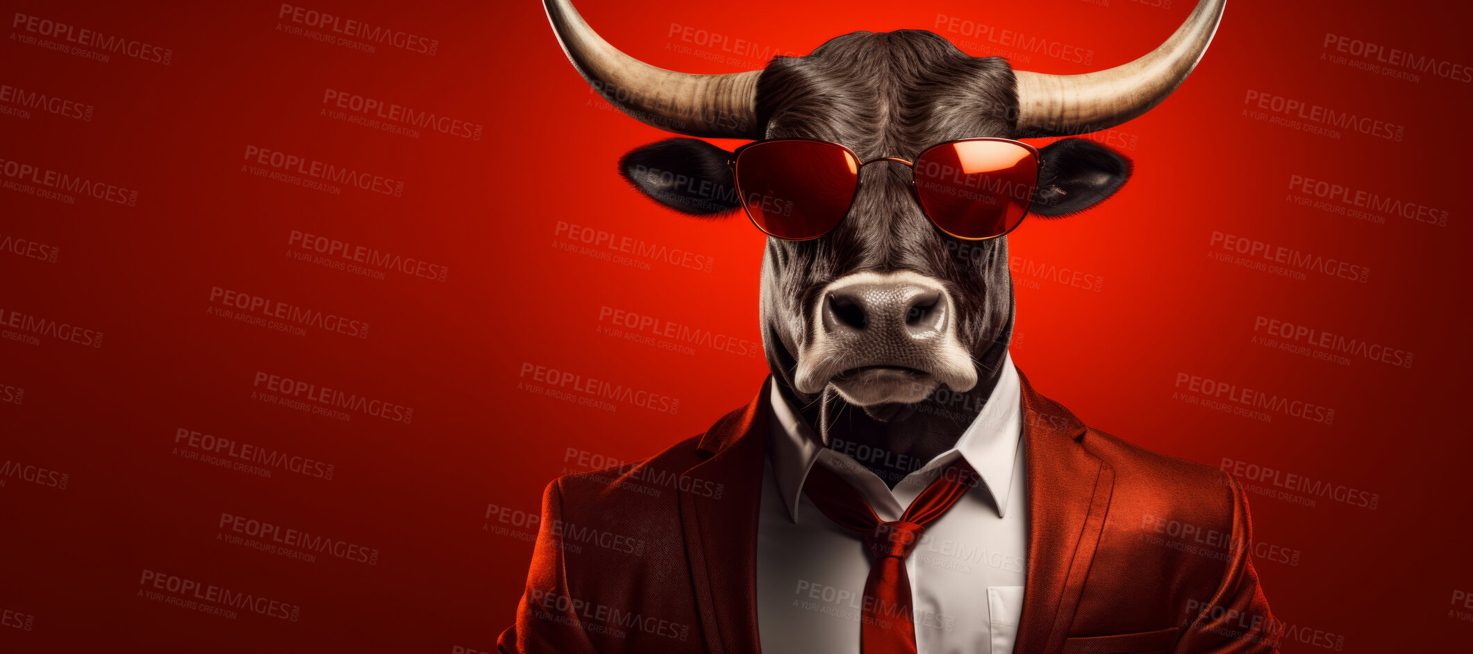 Buy stock photo Bull wearing glasses and suit for office style or business against a red background